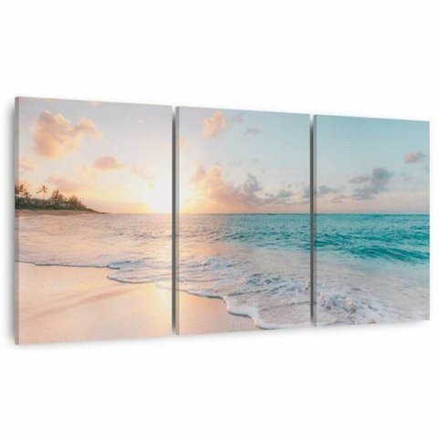 Quadro Mar Praia Areia Ao Entardecer Paisagem para Sala Quarto em Tecido Canvas