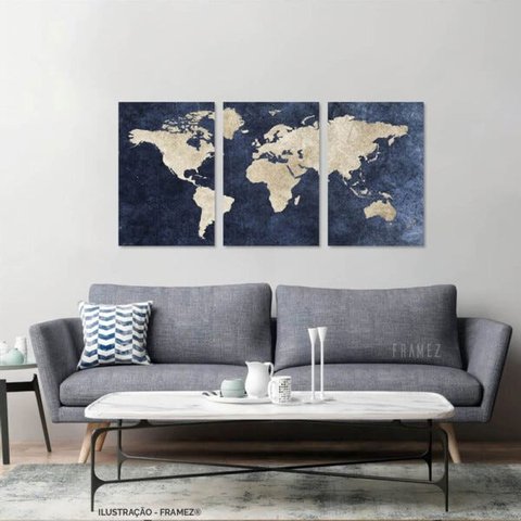 Quadro Mosaico Mapa Mundi Decorativo para Escritórios Quarto 60x120 Canvas