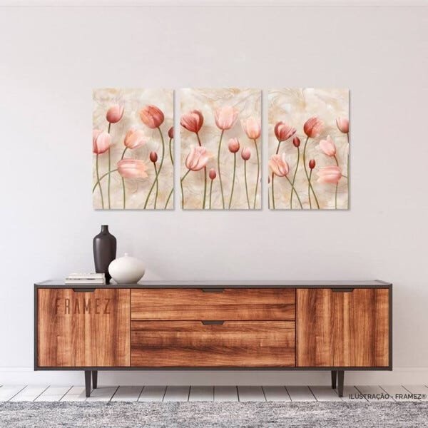 Conjunto Quadro Decorativo Flores Tulipas Artístico Design Mármore para Sala Quarto em Canvas Framez