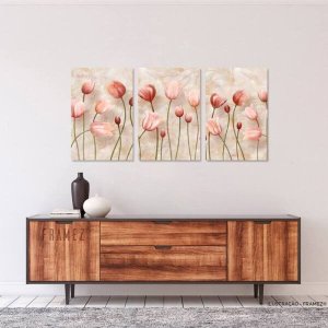 Conjunto Quadro Decorativo Flores Tulipas Artístico Design Mármore para Sala Quarto em Canvas Framez