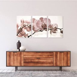 Quadro Decorativo Flores Orquídeas Bege para Sala Recepção Conjunto 3 Telas 60x120 - 1