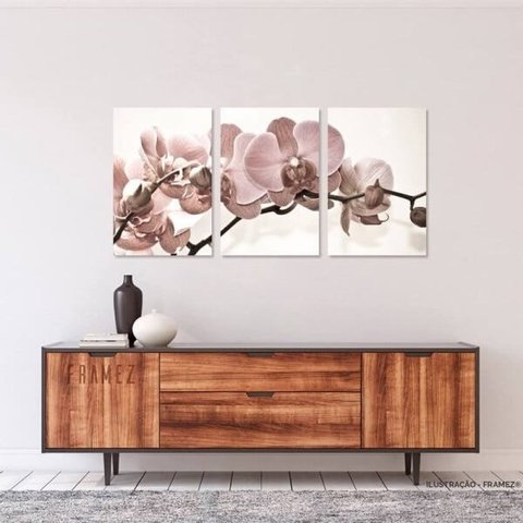 Quadro Decorativo Flores Orquídeas Bege para Sala Recepção Conjunto 3 Telas 60x120