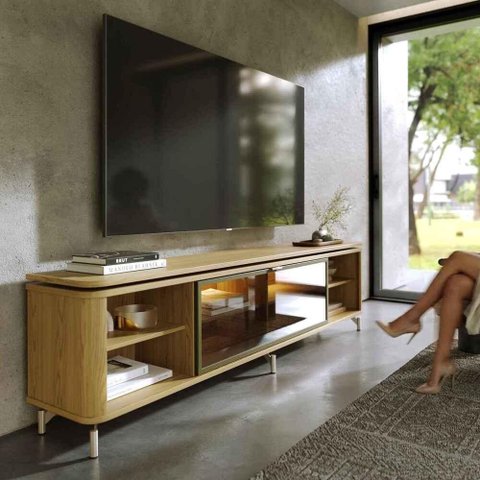 Rack para TV até 85” 1 Porta com Vidro Reflecta e LED Interno Lincoln Float 212cm Carvalho/Champanhe