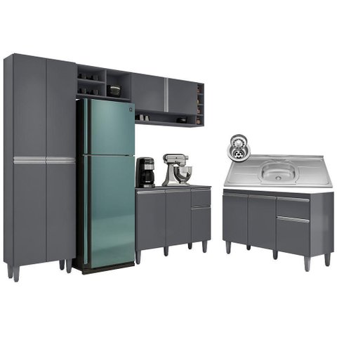 Cozinha Compacta Vanessa e Balcão Gabinete com Pia Tatiane 120cm Cinza - Ajl Móveis