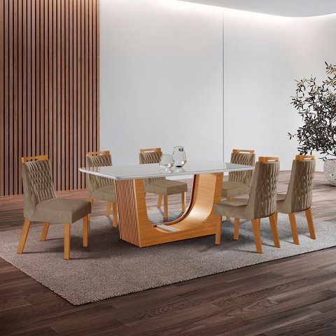 Conjunto de Jantar Mesa Maceió Tampo MDF e Vidro com 6 Cadeiras Atena Yescasa Bege/Castanho Cinamomo/Pena Caramelo/Off White