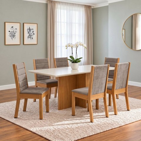 Conjunto Sala de Jantar Mesa Lana 160cm Tampo MDF Canto Reto 6 Cadeiras Evelin