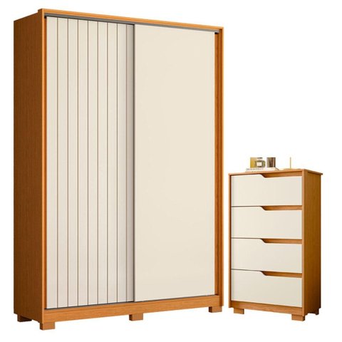 Guarda Roupa Solteiro Frizatto 02 Portas de Correr e Cômoda Sole Flex Cinamomo Off White - Móveis Al