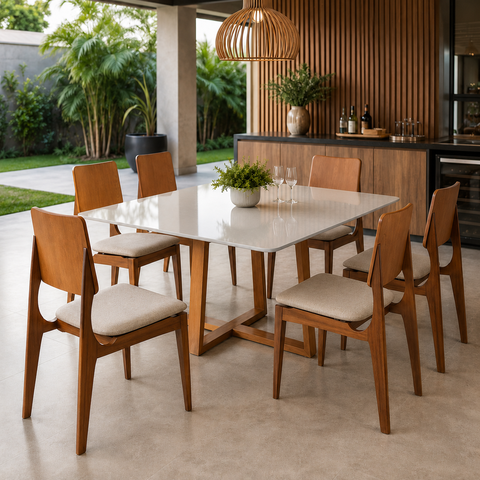 Conj Mesa Retangular 120x80cm 6 Cadeiras Lugares Viidro Sala Jantar Varanda Espaço:Linho Bege