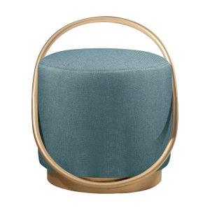 Puff Redondo Lunar em Linho e Base Metal Dourado Agarb Decor:linho Azul