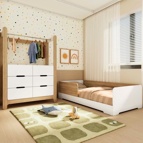 Quarto Infantil Completo Guarda-Roupa Closet e Cama Solteiro Montessoriana Olivia e Mark Branco/Louro Freijó Grann