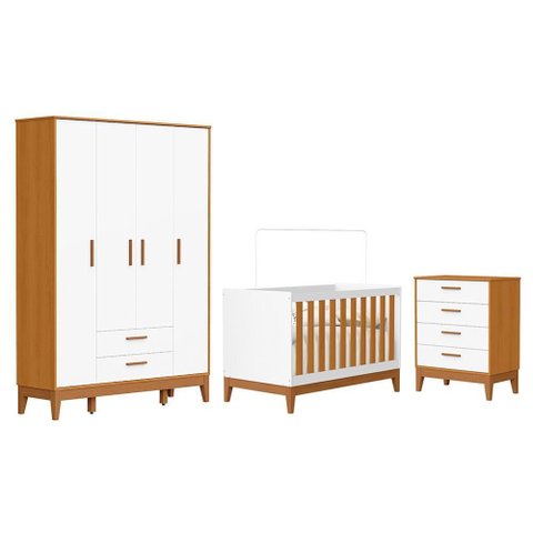 Dormitório Infantil Flip Guarda Roupa 4 Portas, Cômoda 4 Gavetas e Berço Branco Fosco/savana -
