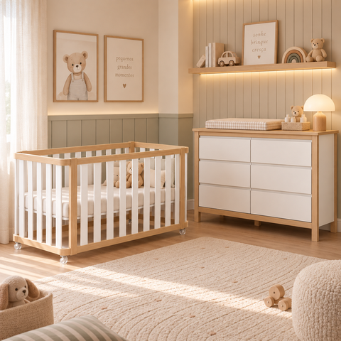 Conjunto Berço 2 em 1 Vira Mini Cama e Cômoda Softy Branco com Carvalho Malva