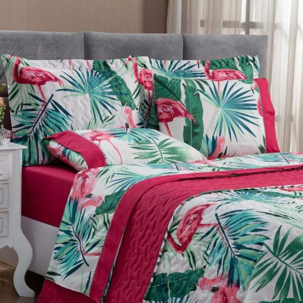 Cobre Leito Forest Flamingo Super King Dupla Face Micropercal 200 fios 03 peças - 2