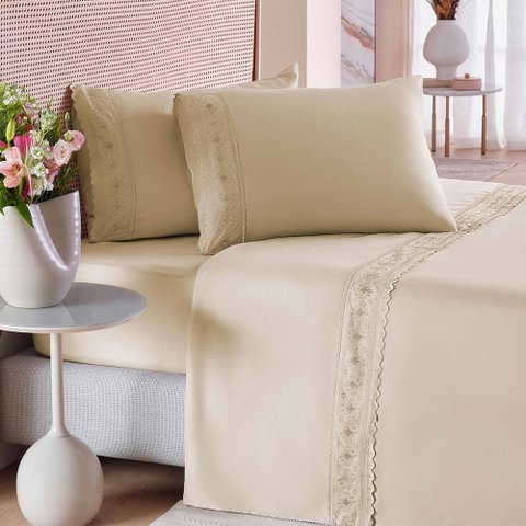 Jogo de Cama Queen Liso com Renda 4 Peças Bege Exclusive