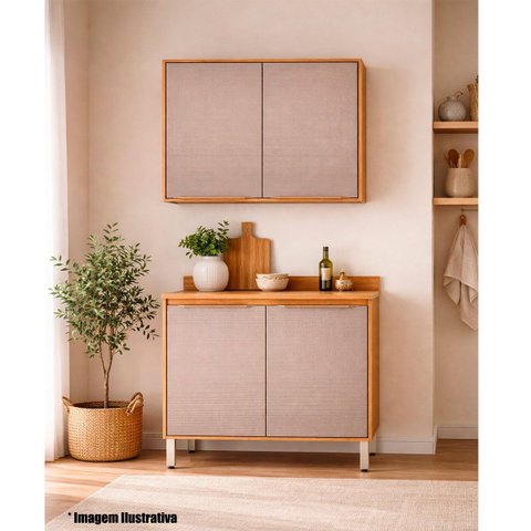 Kit Armário Aéreo e Balcão com Tampo 2 Portas 80 cm Valena Cinamon/Nude