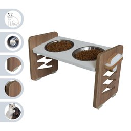 Comedouro Elevado Duplo Pet Mdf Cães e Gatos Zig Zag Regulagem Altura - Inox - 5