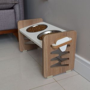 Comedouro Elevado Duplo Pet Mdf Cães e Gatos Zig Zag Regulagem Altura - Inox
