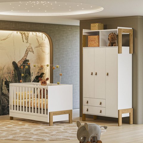 Quarto de Bebê Fantasia com Roupeiro 4375 e Berço 4300 Qmovi Branco Acetinado + Colchão Ortobom