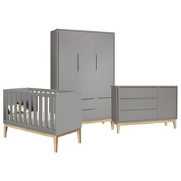 Quarto Infantil Classic 3 portas Cinza Fosco com Pés Madeira Natural - Reller Móveis - 1