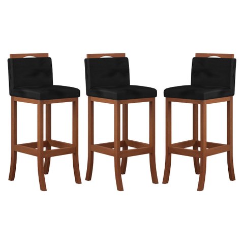 Kit 3 Banquetas Alta Encosto Estofado 38x102 cm Turim Madeira Maciça Castanho Suede Preto CCS