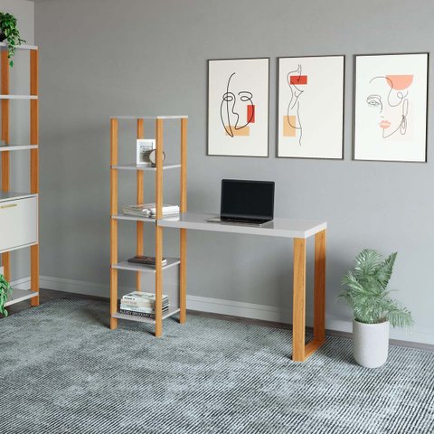 Mesa Escritório Mdf Industrial 1 Porta Off White/freijó F29