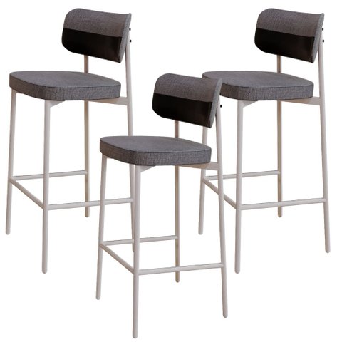 Kit 03 Banquetas Alta Bar Cozinha Sala de Jantar Aço Branco Kaira C01 Linho Cinza Courino Preto - Ly