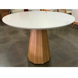 Mesa de Jantar Cone Base Mel Oitavada 100 Tampo Redondo com Vidro Off White