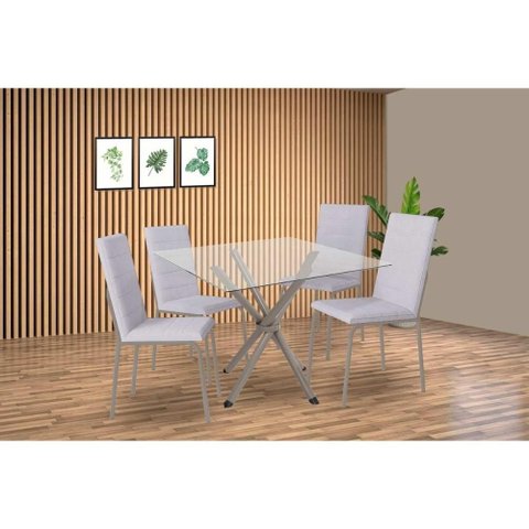 Conjunto: Mesa Sala Jantar Volga C/ Tampo de Vidro 90cm e 4 Cadeiras Amsterdã Niquel - Courano
