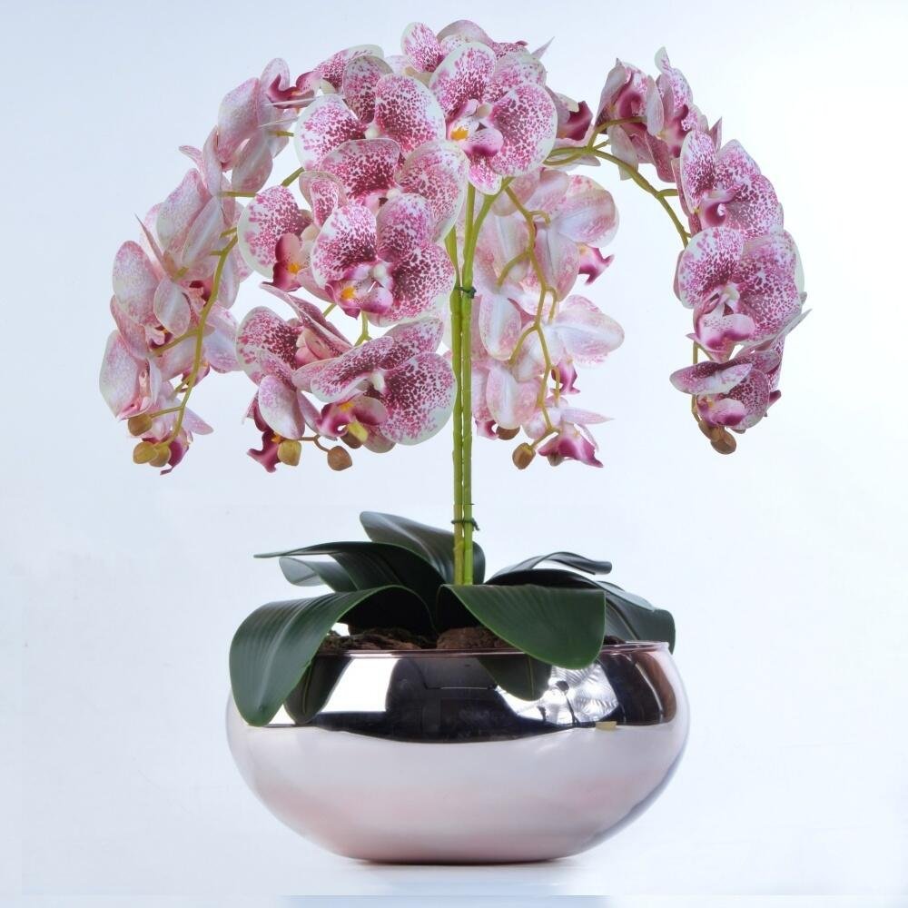 Arranjo de Orquídea Artificial Pintas Vinho Vaso Rose Gold - 1