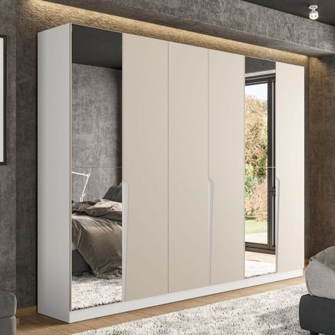 Guarda-roupa Casal Porto 6 Portas 4 Gavetas com Espelho Branco/creme - Politorno