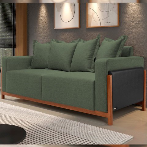 Sofá 03 Lugares para Sala de Estar 178 cm Khali B04 Linho Verde Couríssimo Preto - Lyam Lyam Decor