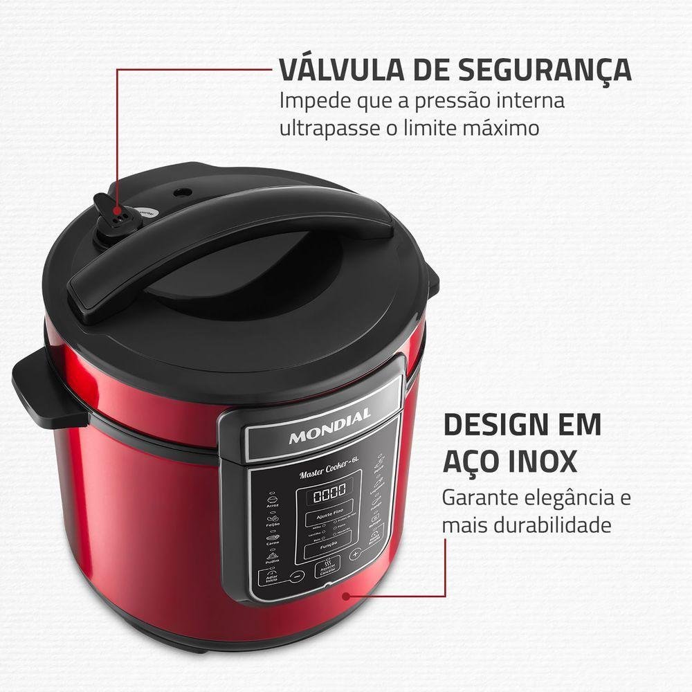 Panela de Pressão Elétrica Digital 6l Mondial Vermelho/inox Pe-60-6l-ri 127v/60hz - 11