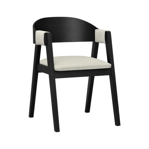 Cadeira Miami Madeira Maciça Encosto Anatômico Curvo - Preto - Assento Estof. Linho Bege Mescla Imp.