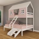 Ver imagem 2 de Beliche Casal/ Solteiro Casinha Encantada com Kit Escada/ Escorregador Madeira Maciça Rosa/ Branco