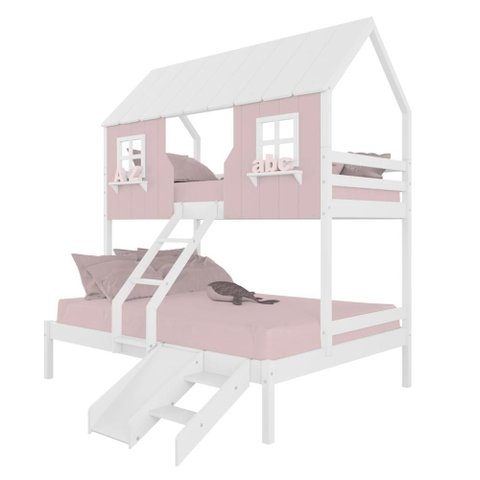 Beliche Casal/ Solteiro Casinha Encantada com Kit Escada/ Escorregador Madeira Maciça Rosa/ Branco