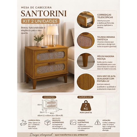 Kit Mesa de Cabeceira com Gaveta de Telinha Pe e Puxador em Madeira Maciça Santorini 60cm Nature