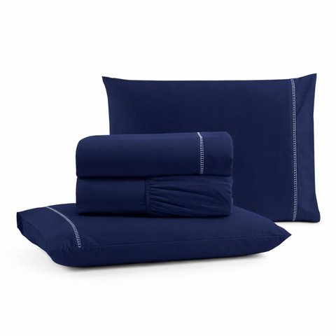 Jogo de Lençol Casal Padrão Premium Soft 600 Fios Micropercal Azul Marinho Ponto Palito Toque Macio 