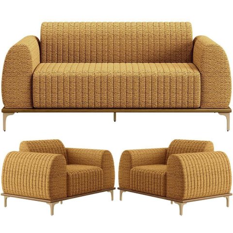 Kit Sofá 3 Lugares 180cm com 02 Poltronas Molino Base Castanho Pés D'ouro D02 Prime Bouclê