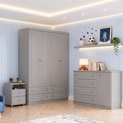 Conjunto para Quarto Juvenil Guarda-Roupa + Cômoda + Mesa de Cabeceira Americano Cinza Henn