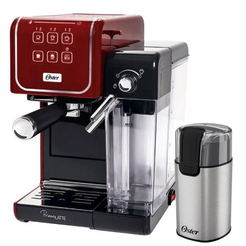 Kit Cafeteira Primalatte Touch Red e Moedor de Café Elétrico Oster 110v