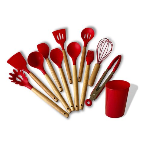 Kit C/12 Utensílios de Cozinha Silicone Cabo