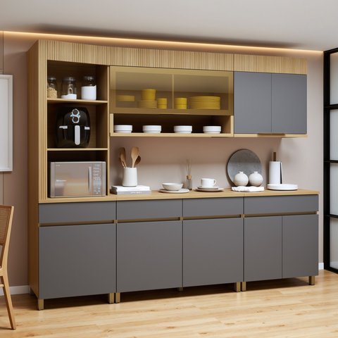 Cozinha Completa Modulada 5 Peças 8 Portas 4 Gavetas Torre Angular 100% MDF Realeza Premium Cinza/Carvalho/Titânio