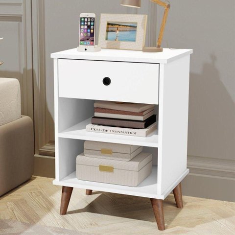 Mesa de Cabeceira Benício 1 Gaveta MDF Branco Basoto Brasil 45cm 36cm