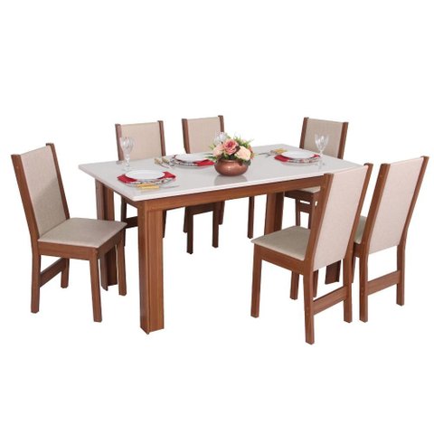 Conjunto Mesa Luiza Retangular Café Demolição com 6 Cadeiras Melina Asgard Bege Naturalle e Off