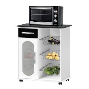 Fruteira Nobre Com Vidro Branca Com Preta Com Rodizios Balca PASSE BEM