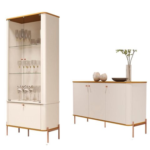 Conjunto Cristaleira e Aparador Buffet Tucupí com 3 Portas Off White/nature/bronze
