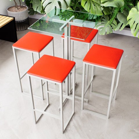 Conjunto Mesa Alta Bar Bistrô Quadrada Vidro 4 Bancos Estofado Don Castro Decor
