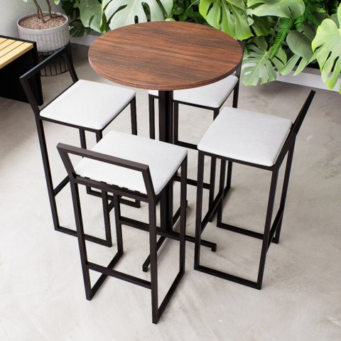 Conjunto Mesa Alta Bar Bistrô Redonda Imbuia 4 Banquetas Estofado Industrial Don Castro Decor