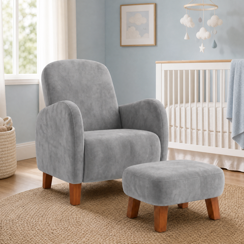 Poltrona Amamentação Viena Suede + Puff Macio Quarto Bebe:Cinza