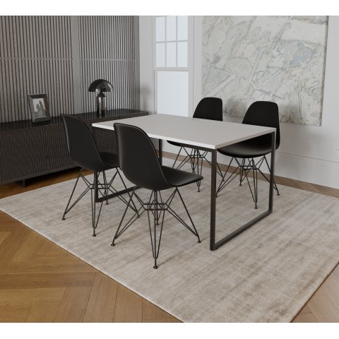 Mesa Industrial Base Ferro Preto Tampo 137x90 Branco 4 Cadeiras Eames Ferro Preto Assento Preto